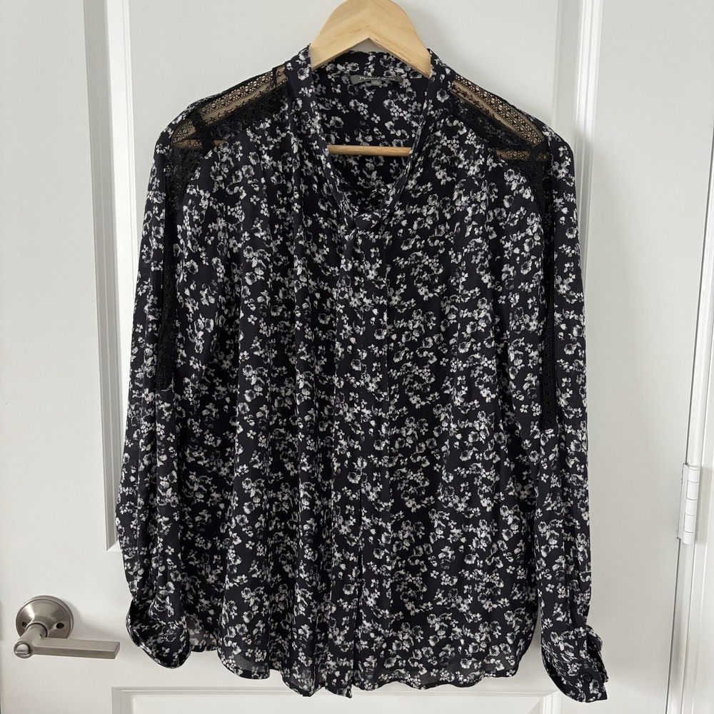 Michael Stars | Floral Lace Shoulder Tie Neck Blouse Size L